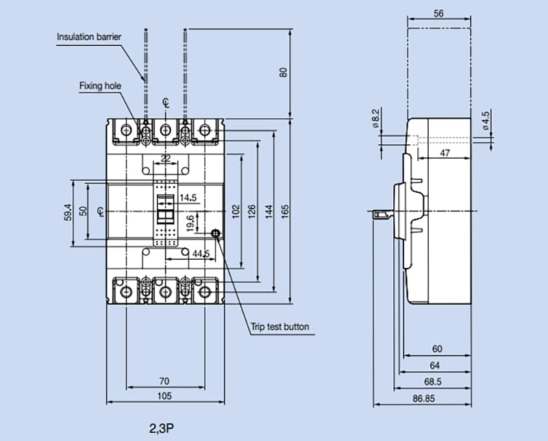 ABN203c 200A Bản vẽ chi tiết sản phẩm ABN203c 200A LS 3P 30kA